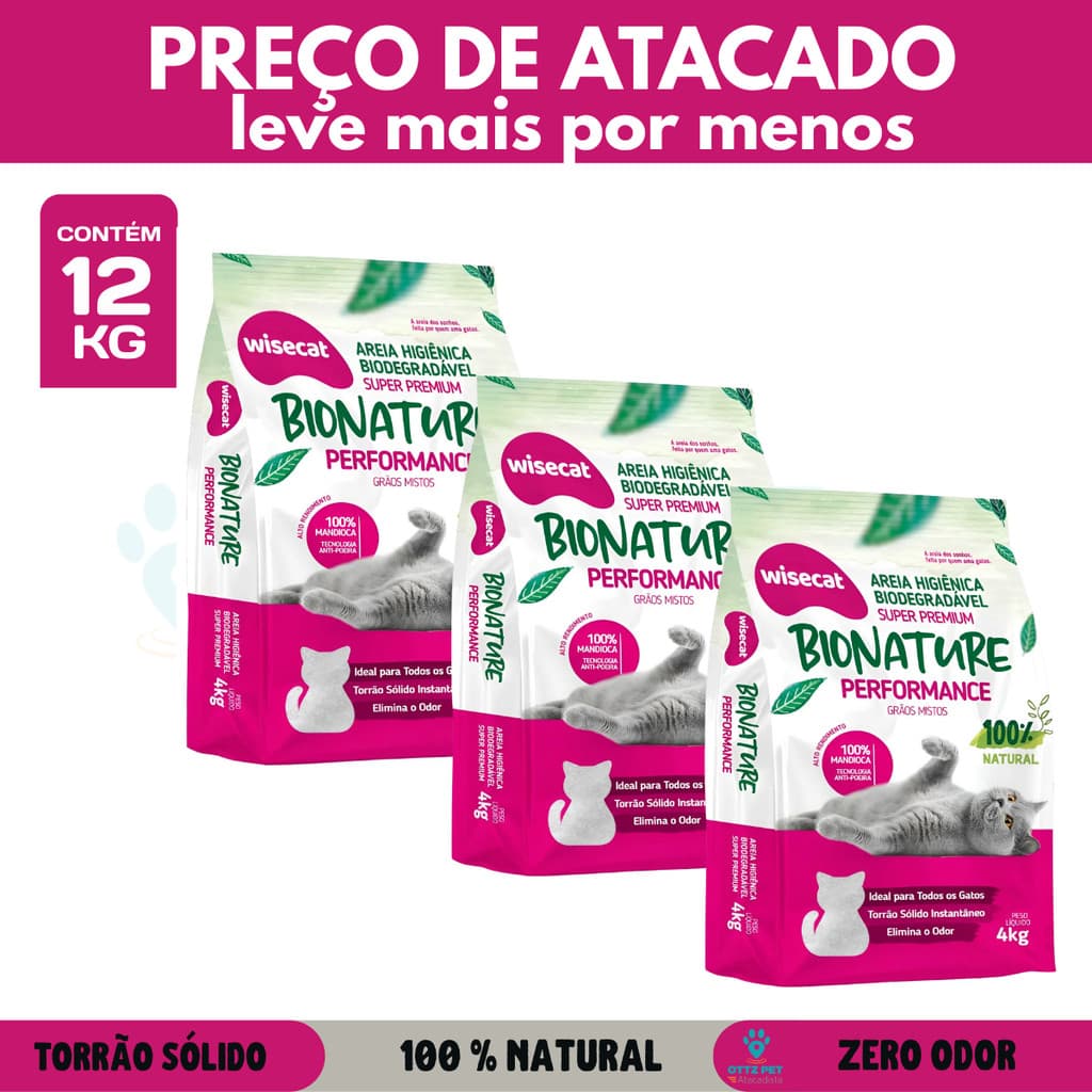 Kit 3 Areia Higiênica Biodegradável Wisecat Bionature Performance – Grãos Mistos 12kg