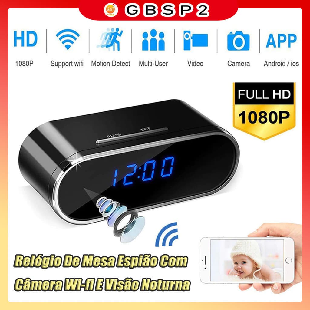 1080P Relógio De Mesa Espião Com Câmera Wi-fi E Micro De Vídeo Digital IR Pequena DVR