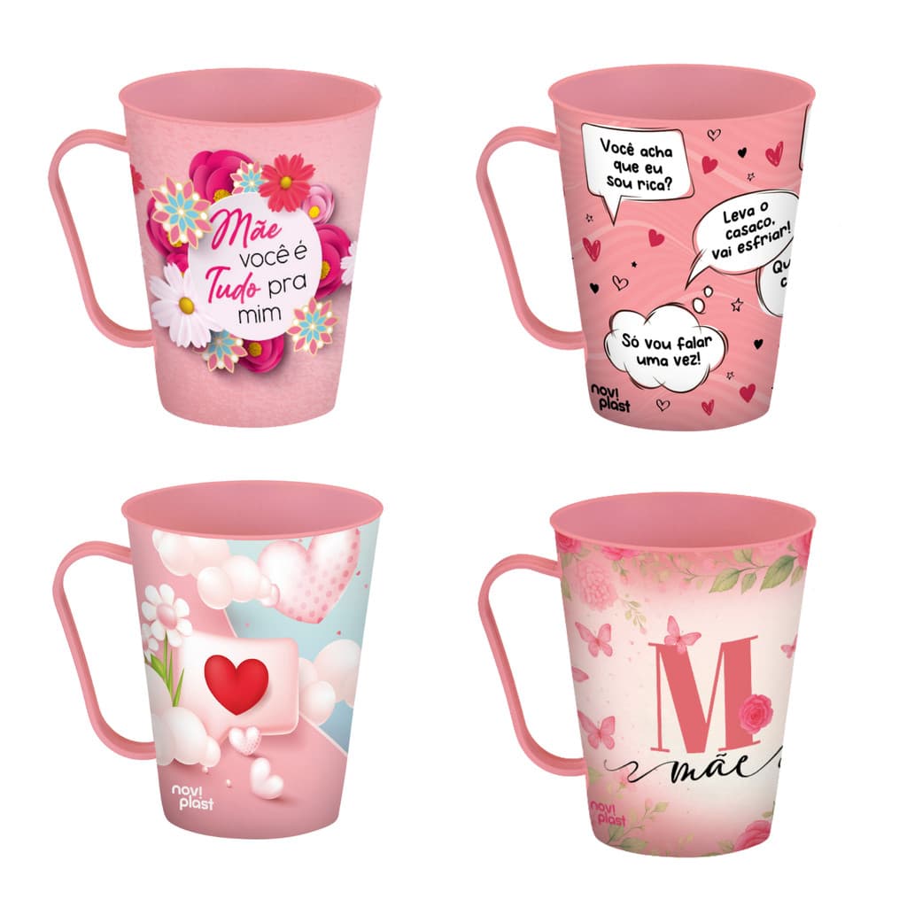 Kit 12 Canecas Personalizadas Dia das Mães Estampada Sortidas Plástico Rosa Presente Especial