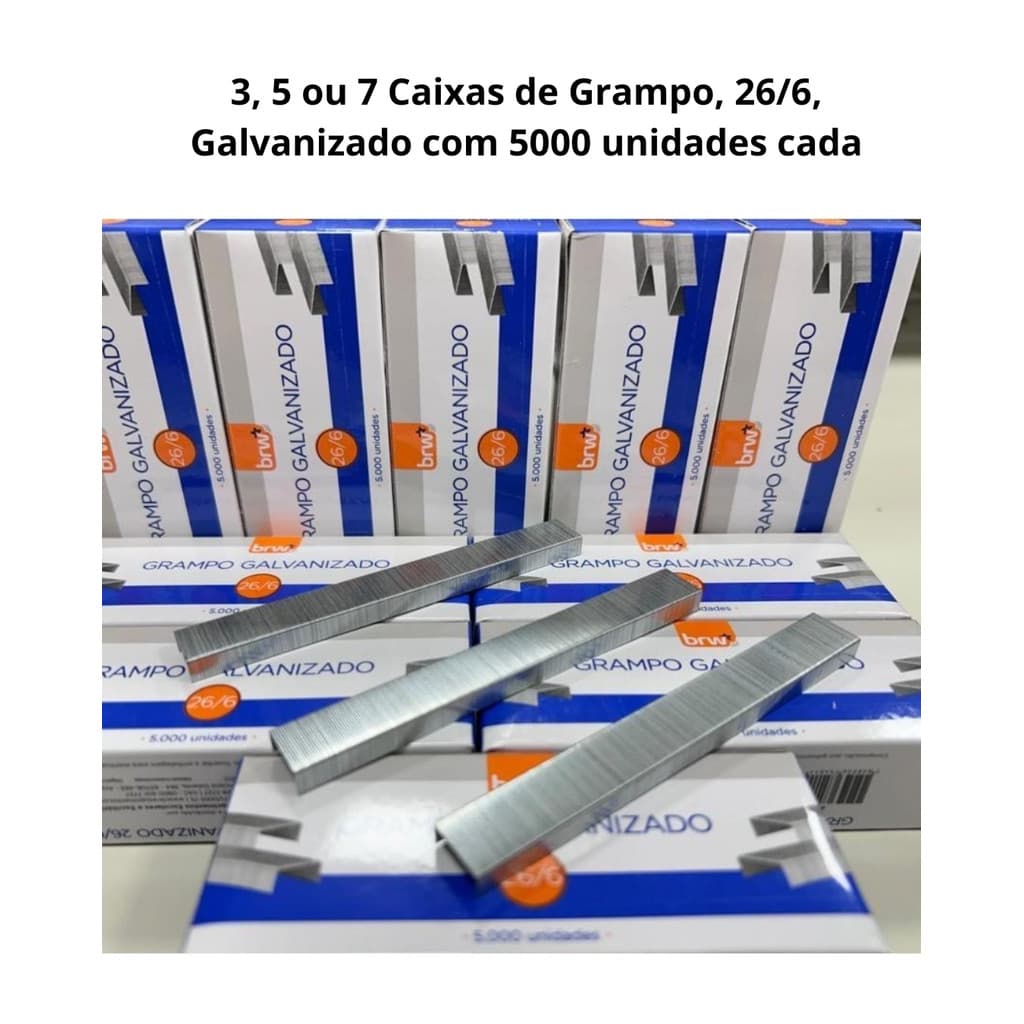 3, 5 ou 7 Grampos para Grampeador 26/6 Galvanizado - Caixa com 5.000 Unidades