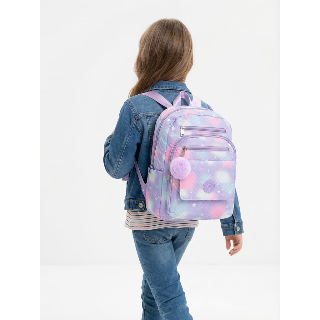Mochila Escolar Pequena P/Escola Viagem Tie Dye Pastel Matelassê com Pompom C301
