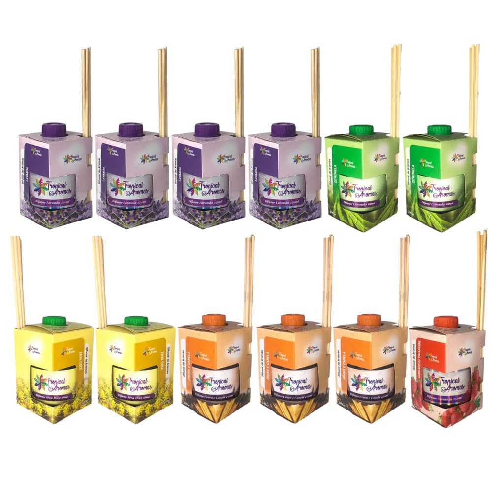 Kit Difusor de Ambiente Lavanda CItronela Erva Doce Cravo Canela Morango 250ml Pack 12 Unidades
