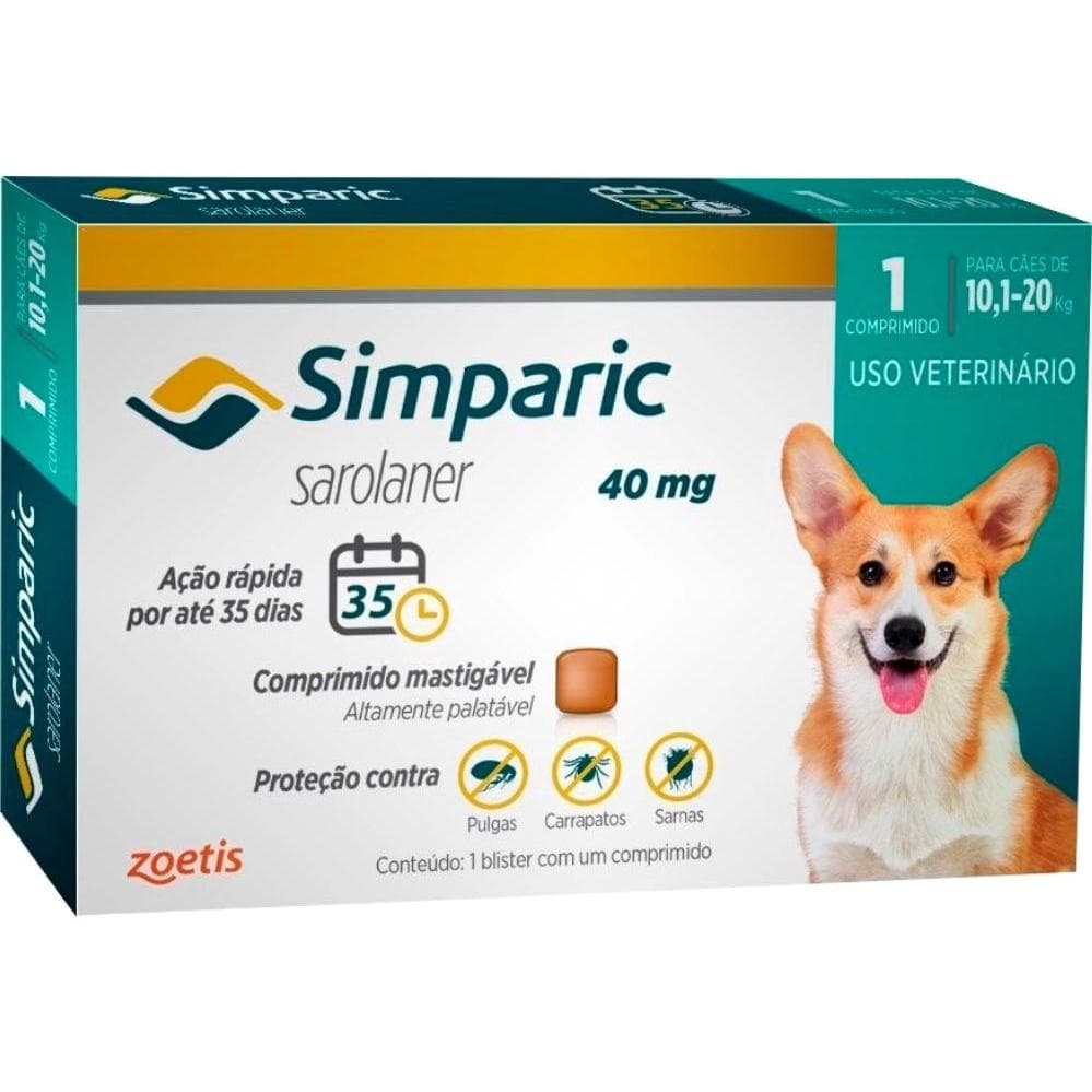 Simparic 40mg para de Cães 10,1 a 20kg - 1 Comp. - Zoetis