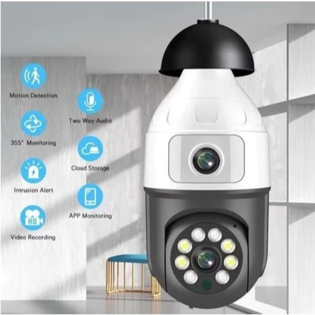 Câmera Segurança Wifi Dupla Lentes Full HD Lâmpada Visão Noturna 360