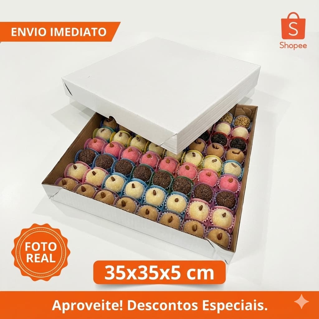 10 Caixas 35x35x5 Branco para 100 Doces ou Salgados Montável de Papelão