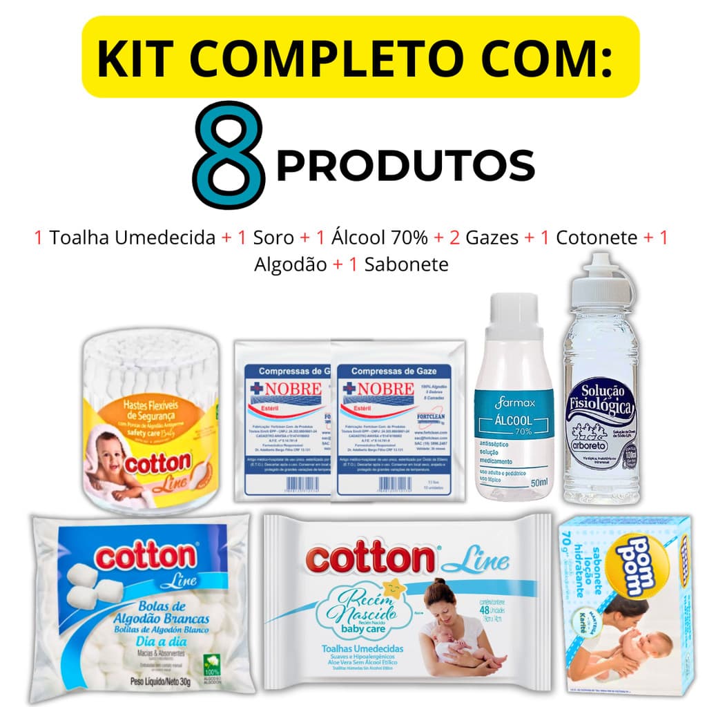 Kit 8 Produtos Higiene Bebê Recém Nascido Kit Com 8 Itens Toalha Umedecida+Cotonete+Soro+Gaze