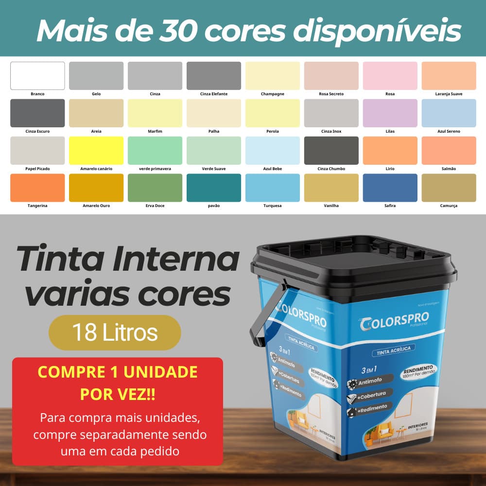 Tinta acrílica interna 18 litros ColorsPro - Sem cheiro e com Antimofo Varias cores - Alta cobertura