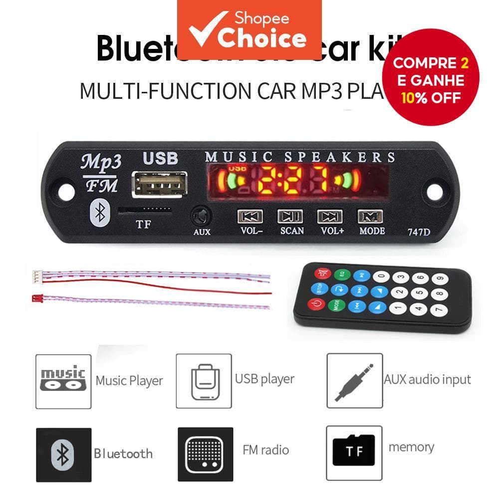 Bluetooth 5.0 MP3 Player Placa Deco Para Carro Rádio FM TF USB 3.5mm Módulo AUX Receptor Amplificador Áudio 12V Com Cont
