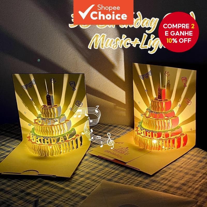 Cartão De Aniversário 3D Gravado À Mão Com Música E Luz-Comemorativo Envelope Para Amigos