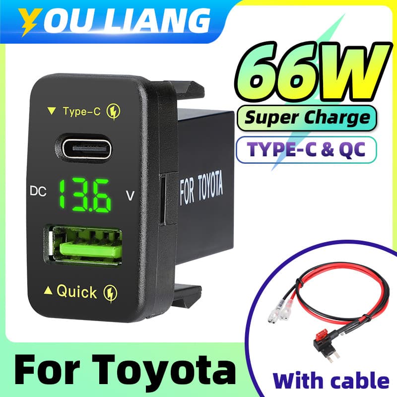 66W Carregamento Super Rápido USB 12V Para Toyota PD30W Celular Modificado Carro Tipo-C Carregador Soquete Com Voltímetr