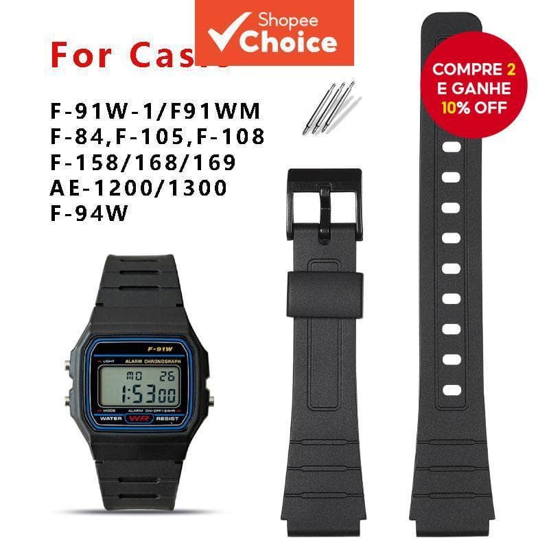 Pulseira De Reposição De Resina Preta Casio F-91W-1 F91WM 84W 94W A168w A158 AE-1200 1300 Com Pinos