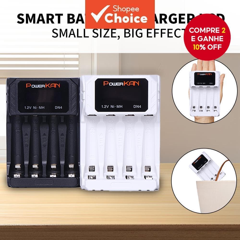 Carregador De Baterias POWERKAN DN4 Com Visor LCD De Carregamento Para 4 De 1.2V NiMH/Cd AA AAA Cabo USB Tipo c