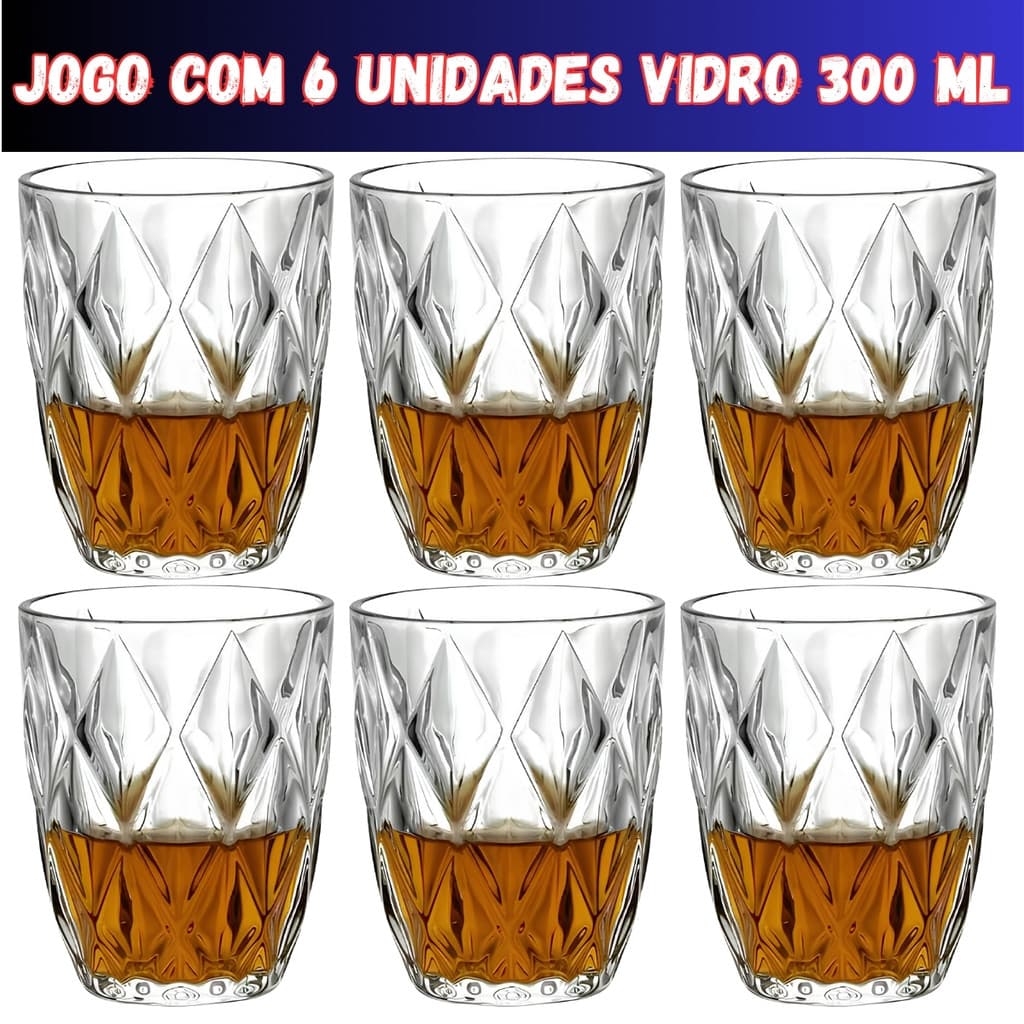 Jogo 6 Copos Baixos Diamond 300ml Vidro Grosso Diamante Luxo