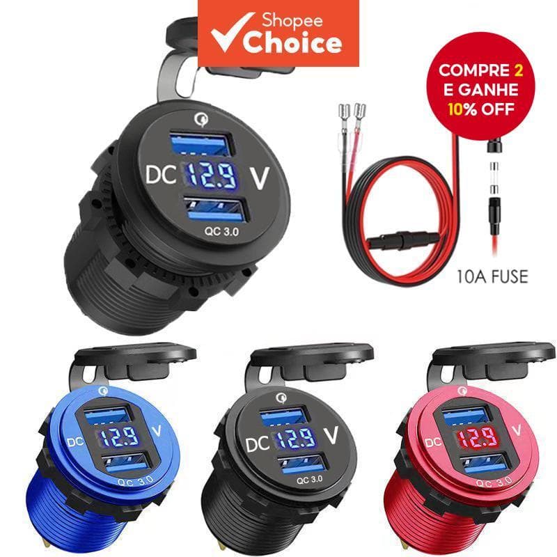 Tomada De Carregador De Carro USB Duplo 12/24V 36W QC3.0 Com Voltímetro E À Prova D'água