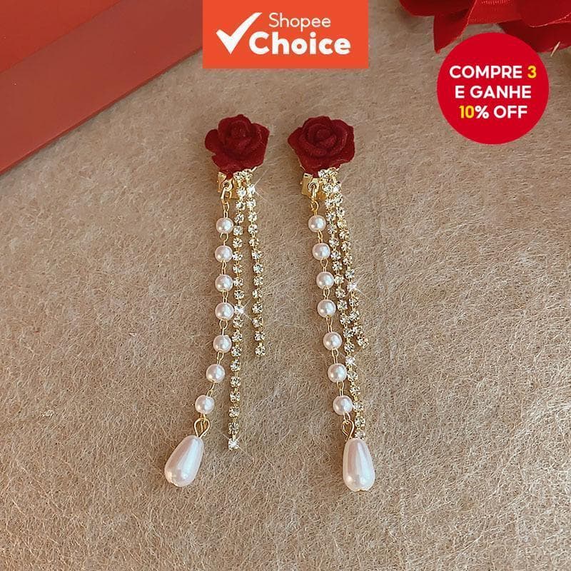 Brincos Rosa De Veludo Vermelho Para Meninas Flores Pérolas Borlas Longas Acessórios Femininos