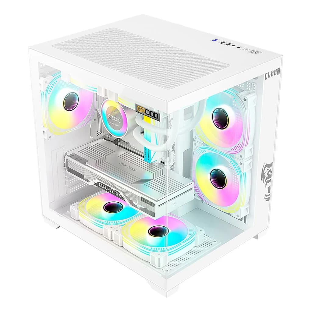 Gabinete Gamer Snow Grodd Vidro Clanm Sem ou Com 03, 05 ou 07 Fan ARGB Branca + Controladora