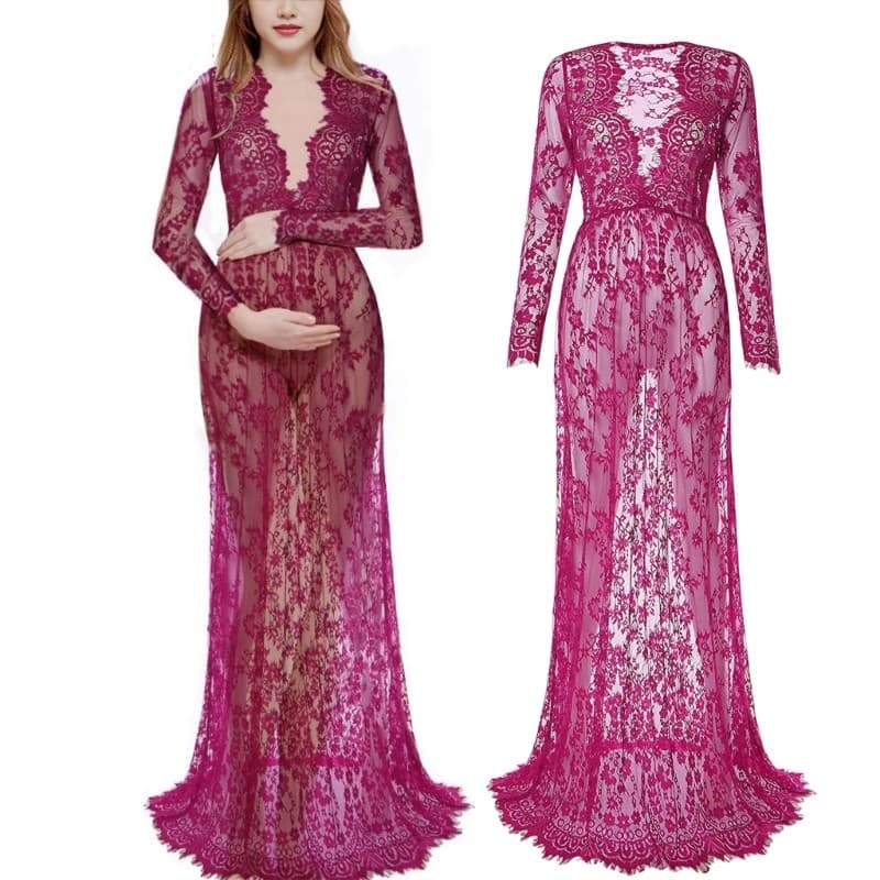 * Sonhador Maternidade Decote V Longa Vestido Renda Transparente Elegante Trilha Para Fotos