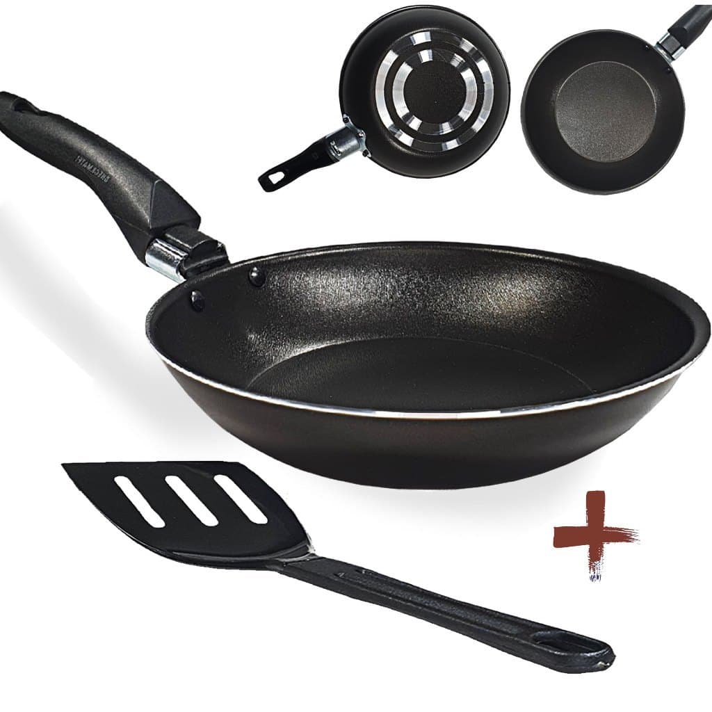 Frigideira Francesa 18 cm  Com Espátula Antiaderente Com 5 Camadas De Teflon Cor Preta Alumínio Reforçada Funda Para Ovo