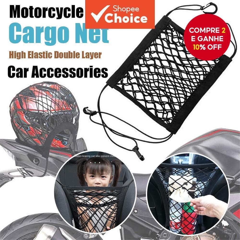 Rede Elástica Dupla Camada para Carga de Motocicleta com Ganchos e Armazenamento de Capacete