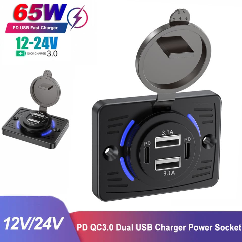12V/24V Tomada De Carregador De Carro Duplo PD USB Carga Rápida Com Tampa Deslizante Adaptador De Painel De Saída Para C