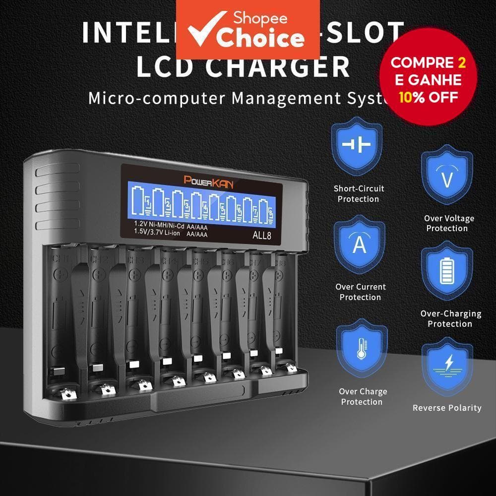 Novo carregador POWERKAN ALL8, com 8 slots e LCD de alta velocidade, adequado para pilhas recarregáveis AA/AAA de 1,2V