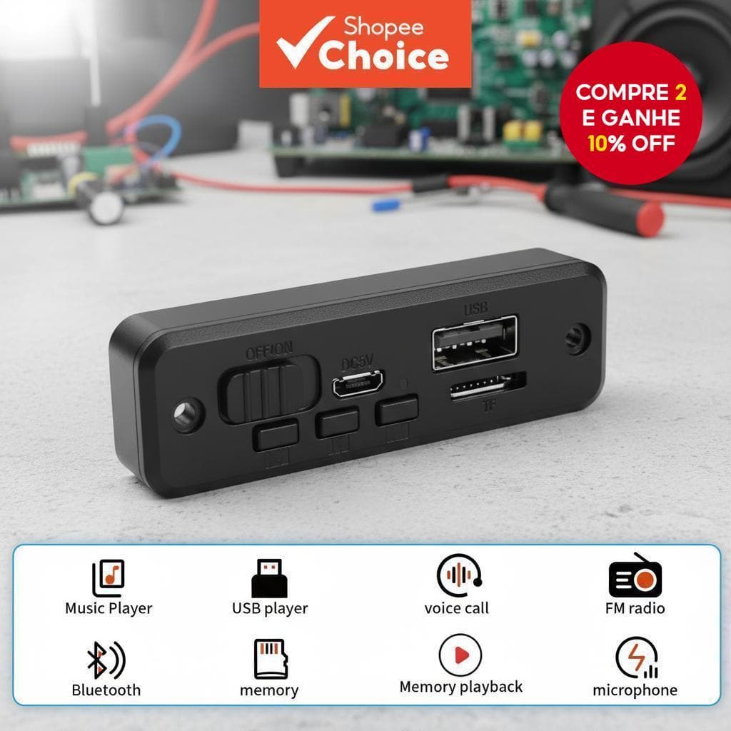  Placa Amplificadora de Áudio Bluetooth 5.0 com Receptor USB TF FM MP3 Player 6W para Carro e Casa