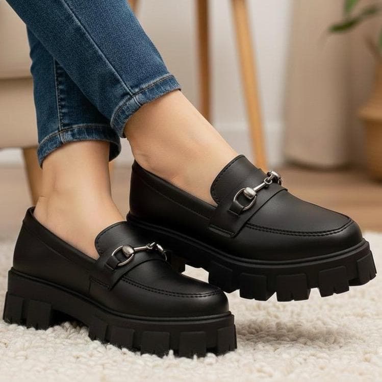 Mocassim Feminino Tratorado Chunky Preto Confortável Tendência Blogueira PlataformaPromoção Envio Rápido
