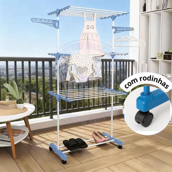 Varal De Chão 3 Andares Roupa Calcinha Grande Dobrável Portátil Com Rodas