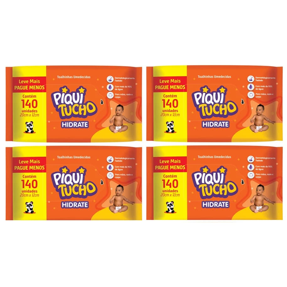 Kit 4x Toalha Umedecida Hidrate Piquitucho C/ 140 Un