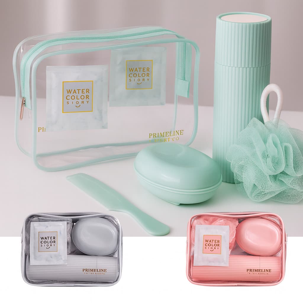 Kit Viagem com bolsa 5 peças porta escova pente saboneteira e ducha conjunto portátil higiene diária