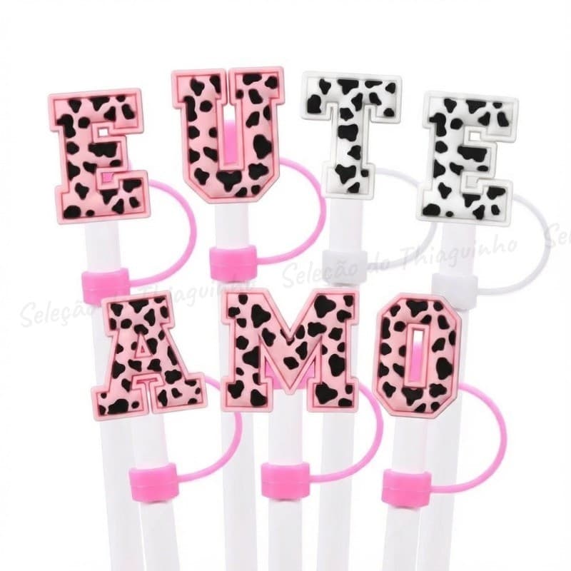 Protetor de Canudo 10mm Letras - Tampa de Silicone Fofa para Copo Térmico (Ponteira)