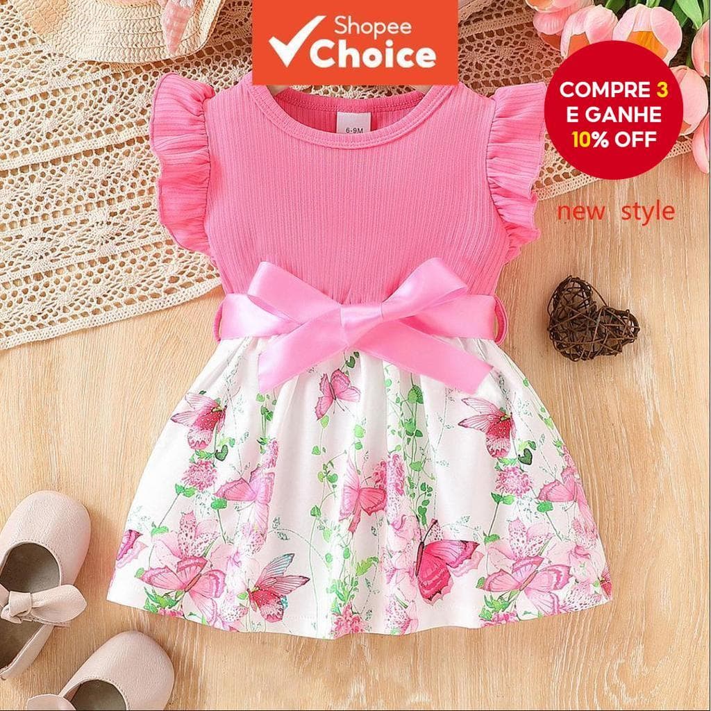 Vestido Floral Princesa Borboleta para Bebês de 6 a 36 meses, Conjunto de Verão Sem Mangas, Casual para Festas.