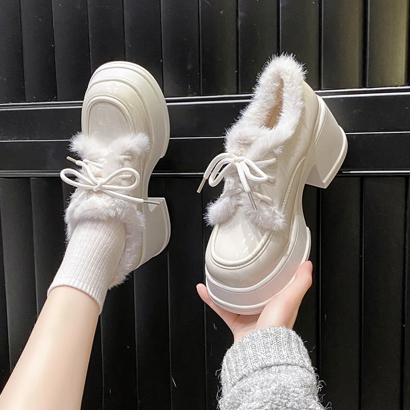 Estilo versão coreana pequena sola grossa aumentada salto grosso rendas pequenos sapatos de couro de pelúcia sapatos de 