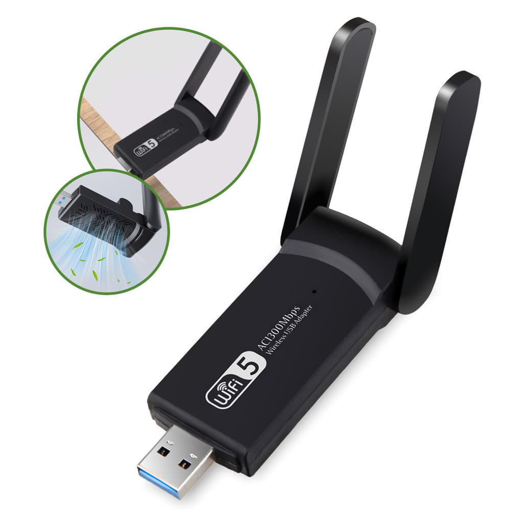 Adaptador Wi-Fi USB Dual Band 1300Mbps - Rede 2.4 e 5 GHz - Plug and Play - Antena Externa - Para Computador e PC