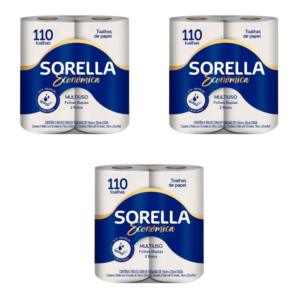 Kit 3 Pacotes de Papel Toalha Sorella Econômica para cozinha com 2 rolos