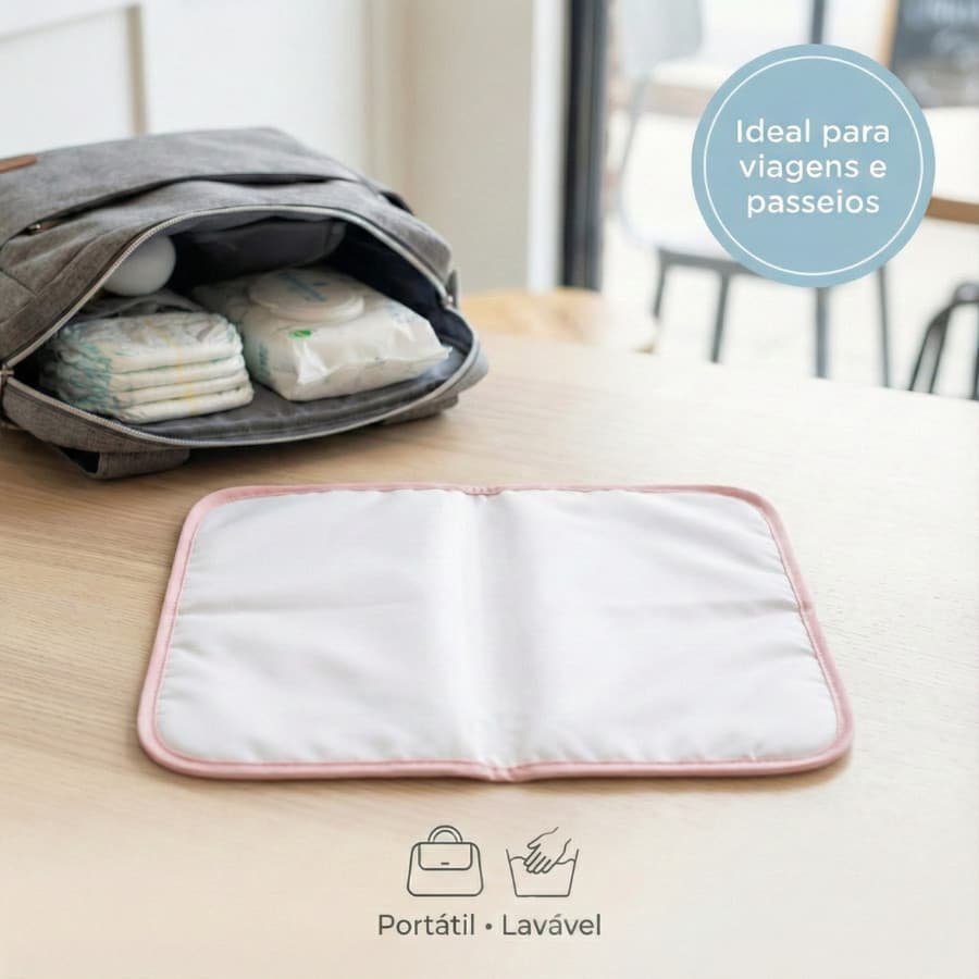 1 Trocador Portátil 70x50 Bebê Absorvente Impermeável Multiuso - Branco com Rosa | LUMI