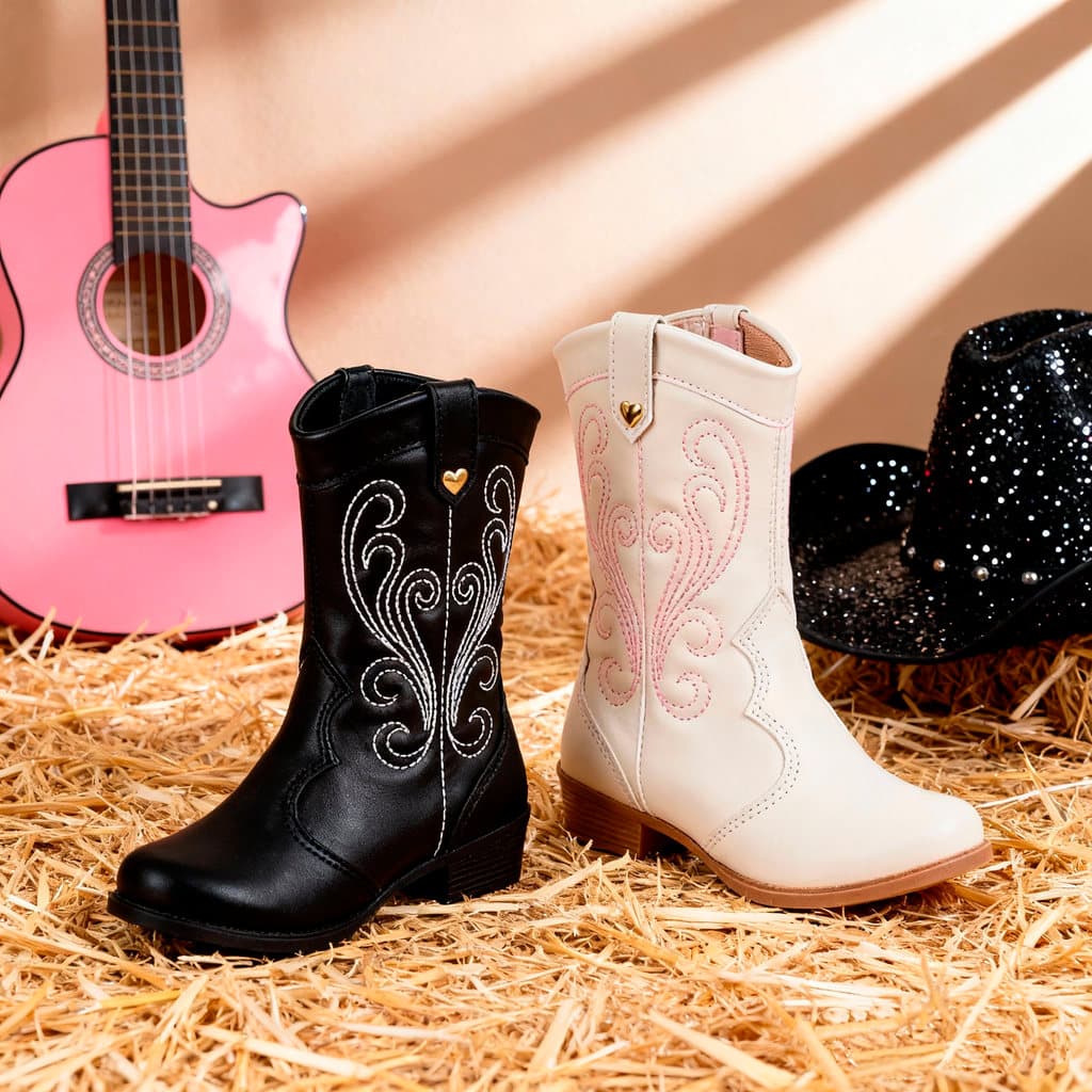 Bota Texana Infantil Menina Cano Médio Boiadeira Bordada Country Confortável Moda Estilosa