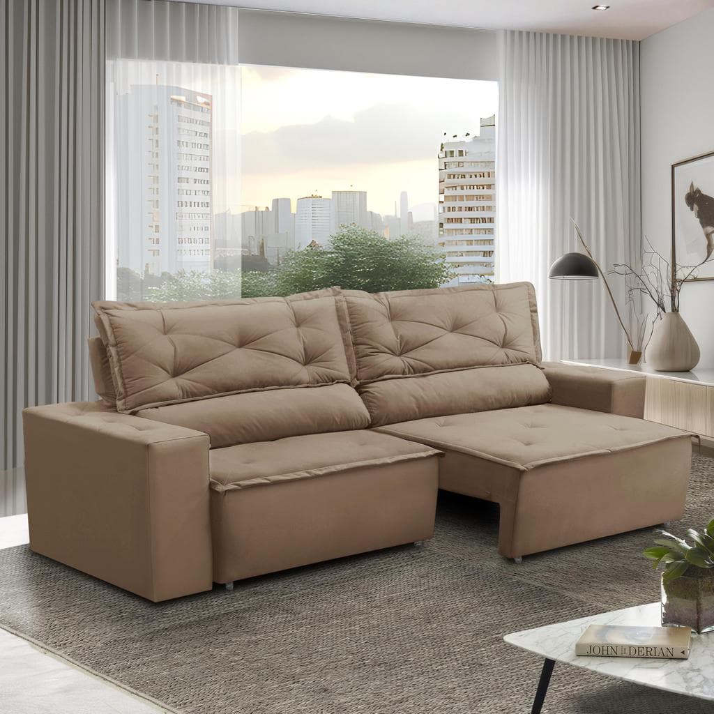 Sofá Retrátil e Reclinável 2 lugares com Molas 1,50m Livia Suede Cappuccino Adonai Estofados