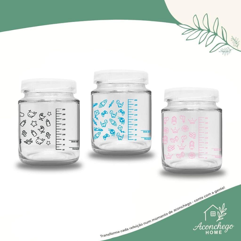 Kit 5 Potes de Vidro p/ Leite Materno 200ml – Livre de BPA c/ Graduação
