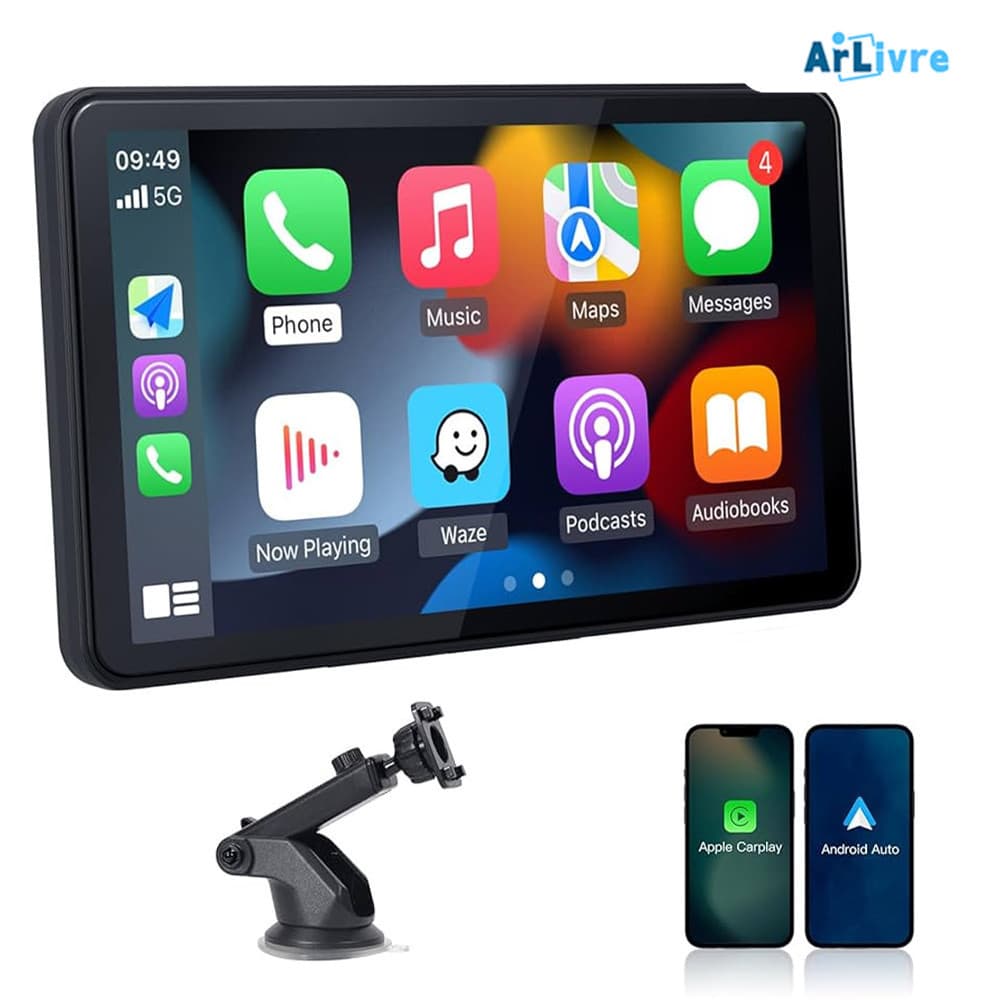 7 Polegadas Portátil Rádio Carro Suporta Android Auto & Apple CarPlay,Tela Touch FHD IPS, Espelho Link,Bluetooth e FM