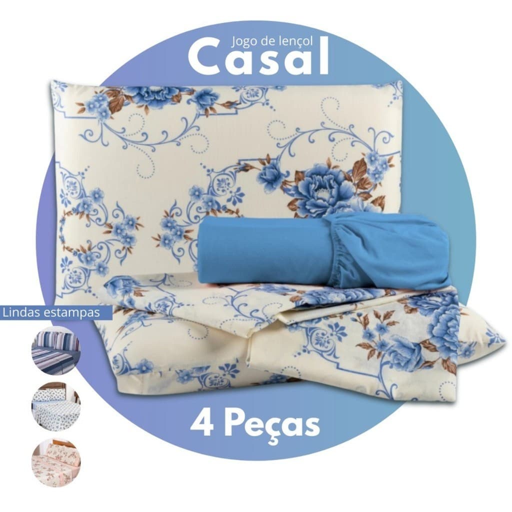 Jogo de Lençol Casal Padrão - Microfibra Estampado 04 Peças - Lindas Estampas - Toque Macio
