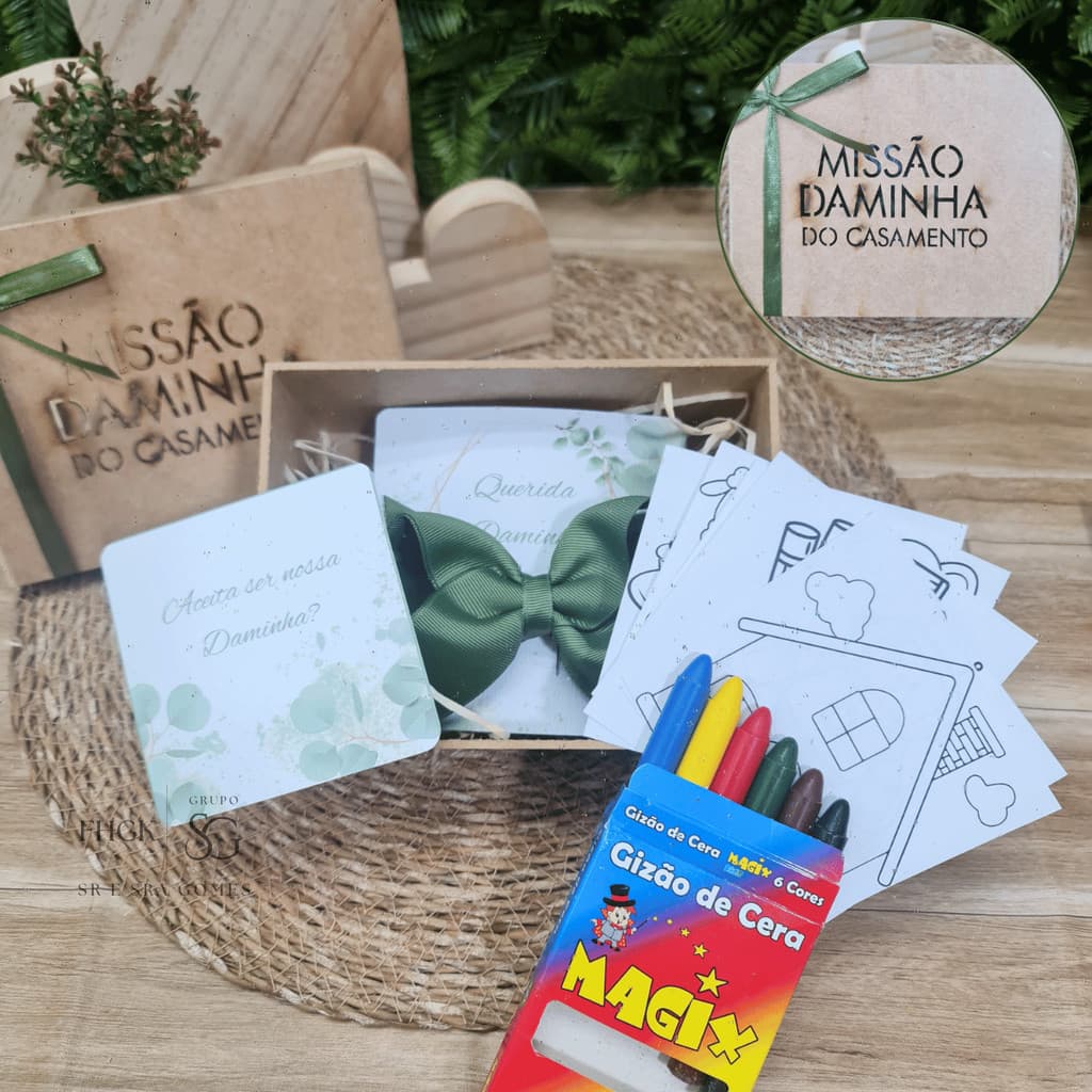 Caixa para Daminha com ou sem Itens Laço de Cabelo + caixa + desenhos para colorir+ Giz de Cera
