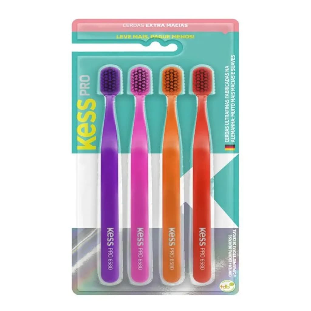 Escova Dental Kess Pro Extra Macia 4 Unidades – Limpeza Suave, Cores Sortidas, Protege Gengivas