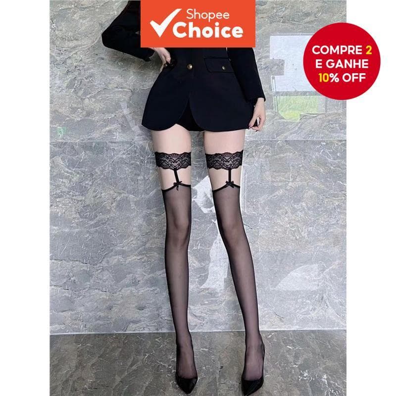 Meias De Liga De Renda Sexy Pretas Até A Coxa Com Floral E Laço (Para Cosplay/JK)