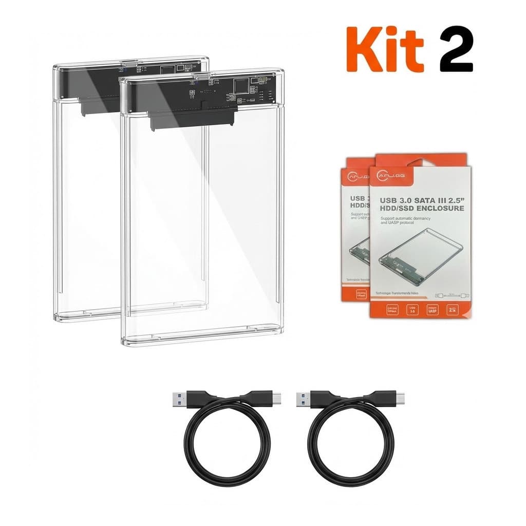 Case Gaveta HD SSD 2.5 Sata III USB 3.0 Transparente Externo 6Gbps PC Notebook PS4 Kit 2  su