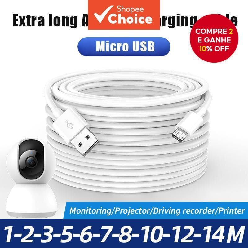 Cabo Carregador Micro USB De 3m/5m/10m Para Câmera De Telefone Inteligente Android Estendido