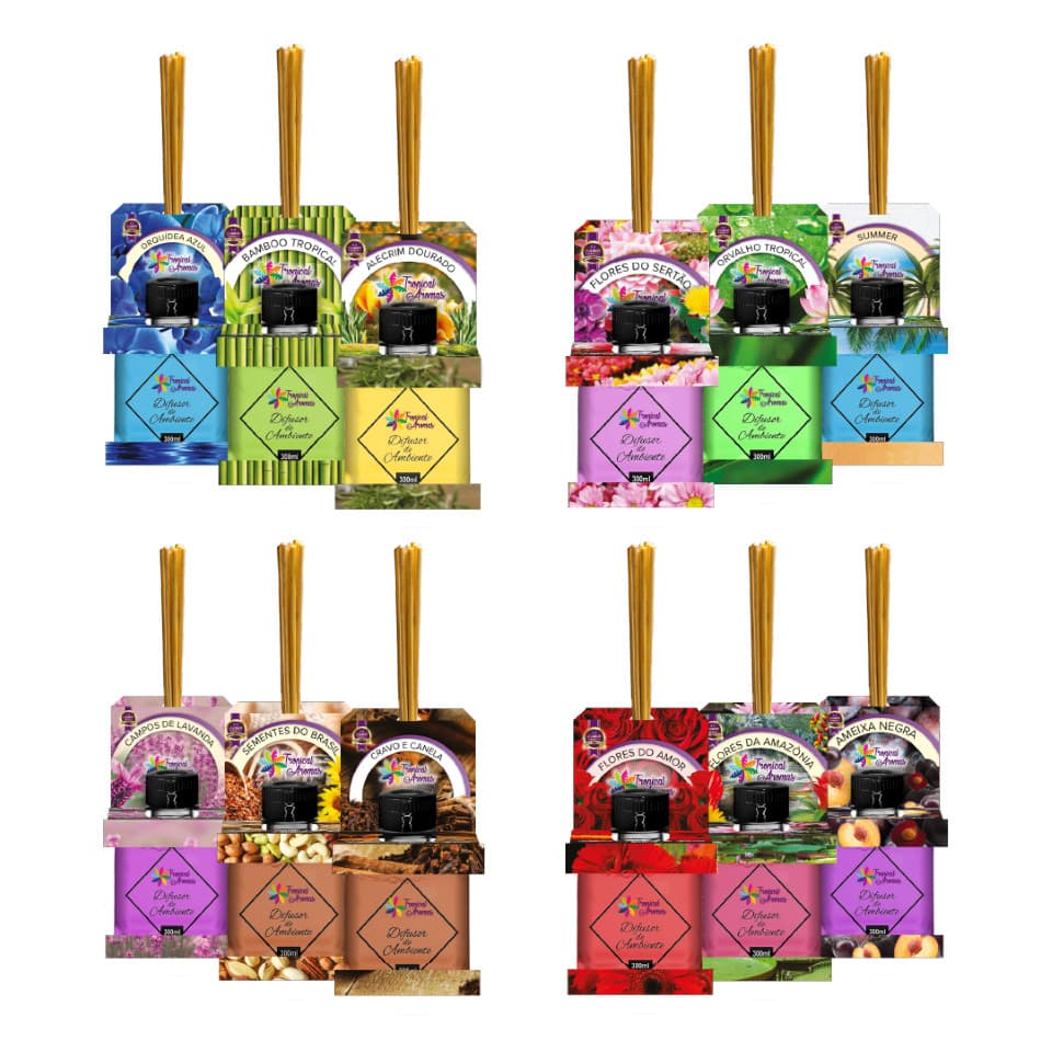 Kit Difusor de Ambiente Premium 300ml Fragrâncias Sortidas Pack 12 Unidades