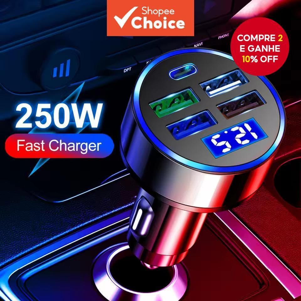Carregador USB para carro Quick Charge PD QC3.0 com voltímetro e soquete, compatível com iPhone, Samsung e Xiaomi.