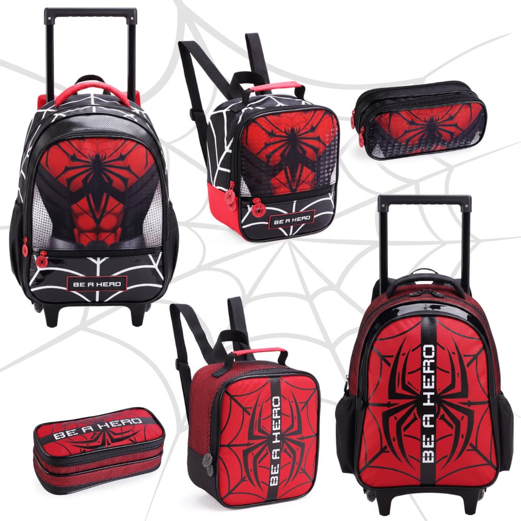 Mochila Mala Rodinhas Lancheira Termica Estojo Aranha Spider Homem Kit
