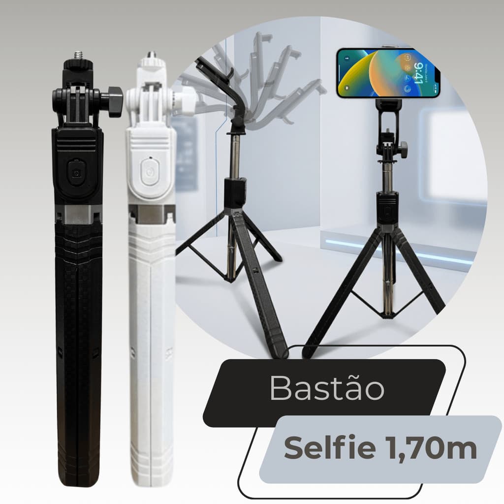 Bastão de Selfie 1,70m Retrátil com Tripé e Controle Bluetooth para Celular Integrado